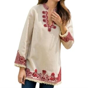 Soft surroundings Tan & Red Beaded Linen Blend Fringed Tunic Top- Size Medium
